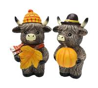 Figurine de Vache Highland | Figurines Bovins Écossais Saison Automnale - Paire De Sculptures Animalières pour Centre De Table Ou Bureau Saisonnier