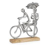 Figurine décorative couple sur vélo avec parapluie - Sculpture moderne en aluminium sur socle en bois - 30 cm de haut - Symbole d'amour, de cohésion et de loisirs - Décoration élégante