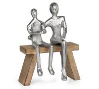 Figurine décorative moderne couple sur banc en aluminium sur socle en bois - Sculpture partenariat amitié amour - Figurine abstraite en métal argenté - 17 x 11 x 22,5 cm - 0,76 kg