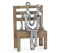 Figurine décorative moderne couple sur banc en bois - En aluminium argenté - 15,5 cm - Sculpture abstraite - Amour - Partenariat - Décoration de salon, étagère, table