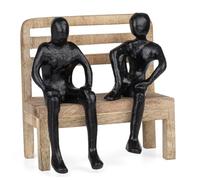 Figurine décorative moderne en aluminium sur banc en bois de manguier - 2 personnes en conversation - Sculpture élégante en noir - Environ 14,5 x 9,3 x 14,3 cm - Figurine comme symbole d'amitié