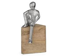 Figurine décorative moderne en aluminium sur socle en bois de manguier - 9 x 8 x 17,5 cm - Figurine assise avec jambe suspendue - Sculpture élégante au design industriel - Argenté