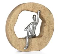 Figurine décorative moderne femme en aluminium dans un cadre en bois de manguier - Sculpture élégante en argent - Figurine décorative assise - 20 x 6,7 x 20 cm - Objet d'art pour étagère, table