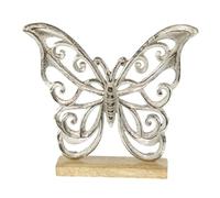 Figurine décorative papillon 25 x 20 cm en bois de mangue massif marron naturel métal aluminium argenté cœur décoratif en forme de cœur à poser