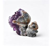 Figurine d'écureuil en grappe de cristal d'améthyste naturelle d'Uruguay | Véritable pierre violette avec motifs de cristal de chrysanthème, décoration de salon, cadeau de guérison