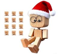 Figurine d'homme en bois secoué faite à la main avec 12 expressions magnétiques interchangeables - Ornement rustique en grain naturel pour tableau de bord de voiture, bureau ou étagère (B)