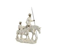 Figurine Don Quichotte et Sancho Panza à Cheval avec lances en résine Blanche et dorée 28,5 x 13 x 33 cm