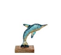 Figurine d'un Dauphin en métal avec Base en Bois Bleu, Vert et Jaune 27 x 10 x 23 cm