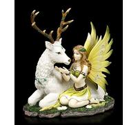 Figurine Elfes Blanc, Couché Cerf - Adoration Fantasy-Figur, avec Pierres Décoré, Peint à la Main