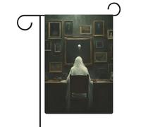 Figurine fantôme assise à un vieux bureau drapeau de jardin saisonnier vacances toile de jute double face maison cour drapeaux extérieurs 30,5 x 45,7 cm