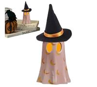 Figurine fantôme décoration maison, statuette décoration plateaux étagés Halloween - Figurine fantôme illuminée avec chapeau de sorcière en résine pour étagère, table basse, vitrine, table de nuit