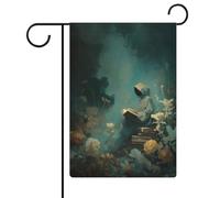 Figurine fantôme lisant des fleurs vintage esthétiques drapeau de jardin saisonnier vacances toile de jute double face maison cour drapeaux extérieurs 30,5 x 45,7 cm