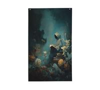 Figurine fantôme lisant des fleurs vintage esthétiques drapeaux de cour maison, bannière de vœux avec œillets, décoration d'intérieur ou d'extérieur