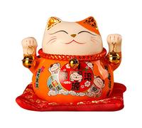 Figurine Maneki Neko Japonais, Chat Porte-Bonheur en Céramique 11.4cm pour Fortune et Prospérité, Décoration Feng Shui pour Maison/Bureau, Symbolique de Richesse, Convient aux Adultes (Orange)