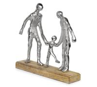 Figurine moderne Famille avec enfant argenté sur socle en bois de manguier 23 x 5,5 x 21,5 cm - Figurine décorative élégante pour salon, bureau, étagère, buffet, symbole de cohésion, amour et sécurité