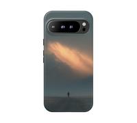 Figurine solitaire marchant vers une montagne éclairée - Coque mate résistante - Compatible avec Google Pixel 9 Pro XL - Bleu