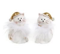 Figurines Chat, Lot de 2: Figurine Hiver, décoration Chats Noël intérieur, Statuette avec Bonnet, déco fenêtre et Table, décoration Maison, Blanc Or, 8 cm
