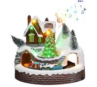 Figurines de village de Noël avec train rotatif et arbre de Noël en résine avec musique et lumière LED pour fête et décoration d'intérieur