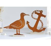 Figurines décoratives "Ancre & Mouette", décoration maritime en métal avec finition rouille, socle en bois, décoration d'été vacances mer plage