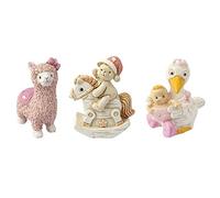 Figurines décoratives de Naissance | 3 pièces | env. 4-5 cm | Lama, Teddy à Cheval à Bascule, Cigogne | Décoration de gâteau et Table | Cadeau Naissance, baptême, fête de bébé (Filles | Rose)