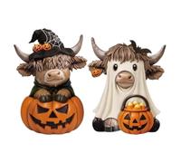 Figurines D'Halloween De Vache Des Highlands 2 Pièces, Décor De Ferme | Bases Stables, Figurines Compactes En Bois Pour Plateaux À Plusieurs Niveaux, Étagères, Cheminées, Bureaux, Tables, Fêtes
