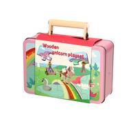 Figurines et puzzle en bois de licorne dans un coffret de rangement