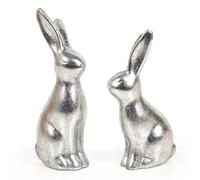 Figurines Lapins de Pâques, Set de 2: Lapins Argentés, Décoration Moderne de Pâques en Céramique, Décoration Élégante pour Table, Commode & Fenêtre, Intérieur, Idéal comme Cadeau, 14 cm & 16 cm