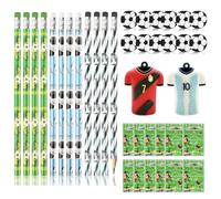 FIHODONE 38 Pièces Trousse Foot,Contient 12 Crayon Papier de Football,12 Gommes De Football,12 Pièces Jeux de Flipper Football,2 Taille-Crayons en Forme de T-Shirt de Football fur Fourniture Scolaire