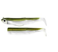 Fiiish Lures Black Minnow Combo BM90 - Leurre souple en vinyle pour canne à pêche spinning pour bars et autres poissons, 1 tête + 2 corps + 1 hameçon nº2, 5g Combo Shore KAKI