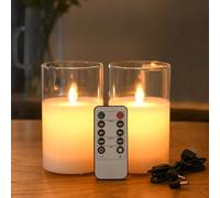 FiiMoo Bougies LED Rechargeable, Lot de 2, Bougies LED avec Télécommande, Bougies Rechargeables USB, Bougie Flamme Vacillante, Bougies Décoratives pour Fête, Anniversaire, Mariage-10cm Verre Blanc