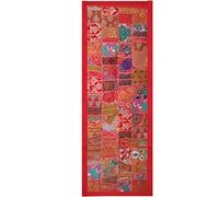 FIKIMOS Tapisserie murale indienne brodée à la main en patchwork à suspendre - Style vintage - Motif vieux sari - Rouge - 50,8 x 152,4 cm