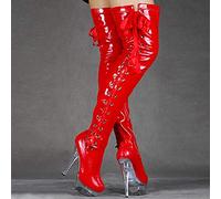 fikujap Femme Cuissardes 15 cm Sexy élégant Stretch Cuissardes Brevets Bottes en Cuir sur Discoteca Bar Delgadas Bottes à Talon Haut Bottes Pole Dance,Rouge,40