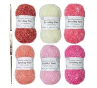 Fil À Tricoter Brillant - Polyester Couleurs Assorties Pour Crochet | Fils À Récurer | 1mm Épaisseur, 50g X 6 Rouleaux (110m Chacun), Crochet Inclus - Tissage Pour Serviettes De Bain, Chiffons,