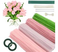 Fil Chenille, 400pcs Kit Bouquet Cure Pipe avec Fil Métallique, Ruban Floral, Étamines Artificielles, Pipe Cleaner Flower Adapté aux Fournitures de Bouquet et Décoration DIY (Rose)