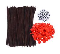 Fil Chenille Brun, 100 Pcs Cure Pipe Chenille, 140 Pcs Yeux Autocollants, 200 Pcs Pompon Rouge, Fils Chenilles Loisirs Creatifs, Fil Chenilles Noel pour DIY Décoration