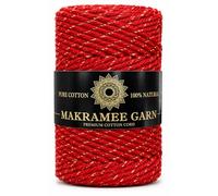 Fil de coton pour macramé - Cordon 100 % coton naturel - Fil doré ou argenté - Parfait pour le bricolage, l'artisanat et le tricot - 100 % coton naturel - Fil de macramé épais (rouge doré, 200 m/3 mm)