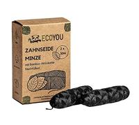 Fil dentaire EcoYou - Durable, En Charbon Actif de Bambou, Bouteille en Verre, Réutilisable & Végétalien, Résistant à la Déchirure, Goût de Menthe, Nettoyage Ecologique des Dents, Noir