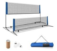 Filet de Badminton Portable 420x102x89-155cm COSTWAY-Hauteur Réglable-2 Volants-en PE-Installation 5 Minutes-Sac de Rangement-Bleu