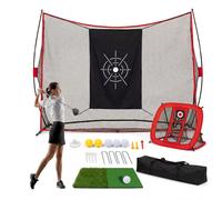 Filet de frappe de golf 10x7 pieds avec filet de chipping, double tapis de gazon, cibles en soie, balles et tees, sac de transport, filets d'entraînement pour golfeurs pour l'extérieur et l'intérieur,
