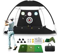Filet de golf de 3 x 2,1 m avec tapis d'entraînement pliable Tri-Turf, aide à la frappe au golf tout-en-un avec tableau d'affichage et cible, filets d'entraînement pour la conduite dans le jardin