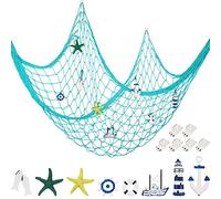 Filet de pêche Nautique décoratif à Suspendre au Mur, 8 pièces étoile de mer, voilier, Phare, Anneau de Sauvetage, gouvernail, Ancre avec Crochet Transparent pour sirène et fête méditerranéenne (Bleu