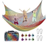 Filet d'escalade pour Aire De Jeux,2x3m Double Couche Filet De Sécurité pour Enfants,4 Crochets,8 Clochettes,pour Une Utilisation en Extérieur Et en Intérieur,Prévention des Chutes(Arc-en-Ciel)