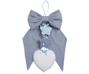 Filet - Embroidered Birth Bow in Blue Striped Fabric with Hanging Stars and Heart in Aida, Ideal for Announcing the Birth of a Child, Made in Italy
