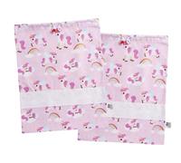 FILET - Lot de 2 sacs de maternelle à motifs licornes, sacs en tissu idéaux pour ranger la boîte de vitesses, le cordon, les chaussures, avec toile Aida à broder, fabriqué en Italie, 42 x 34 cm, rose