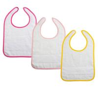 Filet - Lot de 3 bavoirs pour bébé ou crèche avec fermeture à déchirure en éponge blanche avec toile Aida à broder, 24 x 30 cm, fabriqué en Italie, bord uni var. Rose, fuchée, jaune