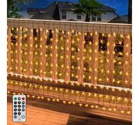 Filet Lumineux Extérieur, 2 m x 1 m 100LED alimentée par batterie, lumières de clôture de jardin, fil vert, lumières de cascade intérieures avec télécommande, étanche (blanc chaud)