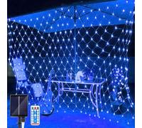Filet lumineux solaire - 1,5 x 1,5 m - 96 LED d'extérieur étanche avec 8 modes d'éclairage - Télécommande pour sapin de Noël, pelouse, clôture, mur (bleu)