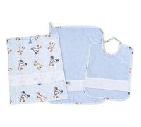 Filet - Set de crèche 3 pièces brodées | Sac, bavoir et serviette en éponge ciel | Insert en toile aïda à personnaliser | Fabriqué en Italie, imprimé chiens et pois bleus