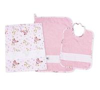 Filet - Set de crèche 3 pièces brodées | Sac, bavoir et serviette en éponge rose | Insert en toile aïda à personnaliser | Fabriqué en Italie, imprimé chiens et feuilles roses