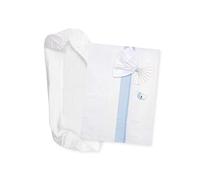 Filet - Set de Draps pour Landau Blanc et Bleu Clair, Composé de 1 Drap Inférieur avec Angles, 1 Drap supérieur avec Bandeau en Toile Aida à Broder et 1 Housse, 100% Coton, Made in Italy